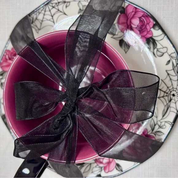 New! 4) Gothic Skeleton & Spider Webs Pink Roses Halloween TeaCup & Saucer